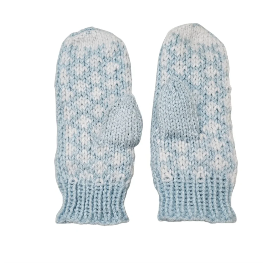 Handmade Blue & White Crochet Mittens with Heart Pattern –Winter Gift Kid's size